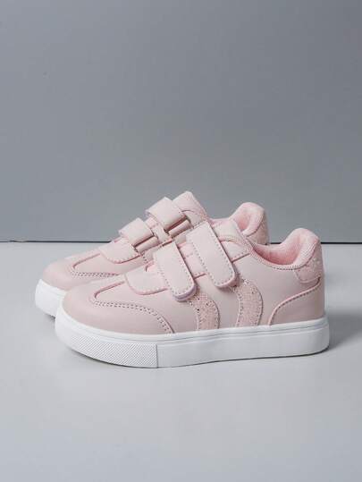 Kids' Versatile Solid Color Canvas Shoes With Sequins, Stripes & Hook-And-Loop Closure, Casual Sneakers For Spring/Autumn