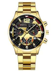 4pcs Fashion Business Men's Watch Set, Large Dial Round Gold Steel Strip Quartz Watch, Jewelry Set, Personalized Chain Bracelet, Cross Pendant Necklace, Ring, Suitable For Daily Wear, Suitable For Festivals, Business Commuting, Men's Gift - Gold - View 6