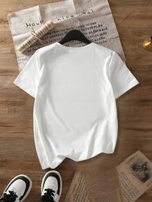 加大码仙人掌印花短袖圆领女式T恤，休闲春夏风格，时尚短袖，舒适圆领女式T恤，日常休闲女式T恤，夏季服装，女装，百搭休闲白色 - 白色 - 查看 2