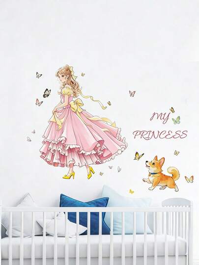 Pink Girl And Puppy Butterfly Wall Stickers Adorable And Cozy Girl's Room Wall Decor Self-Adhesive Decorative Paper