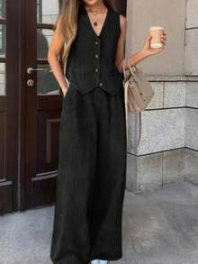 2 piezas Conjunto de top ajustado sin mangas de escote en V profundo + pantalones de pierna ancha de cintura alta, traje casual de lino, estilo retro rosa de verano - Negro - Ver 5