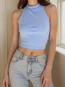 Women's Fashionable Backless Halter Crop Top - Blue - View 6