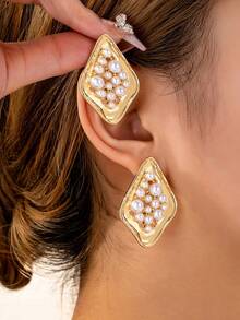 1 Pair Exaggerated Geometric Pearl Teardrop Earrings For Women - Multicolor - View 2