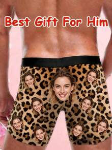 1pc Men's Customized Portrait Leopard Print Beige Comfortable Fit Playful Personalized Boxer Briefs, Romantic Valentine's Day Gift - Multicolor - View 5