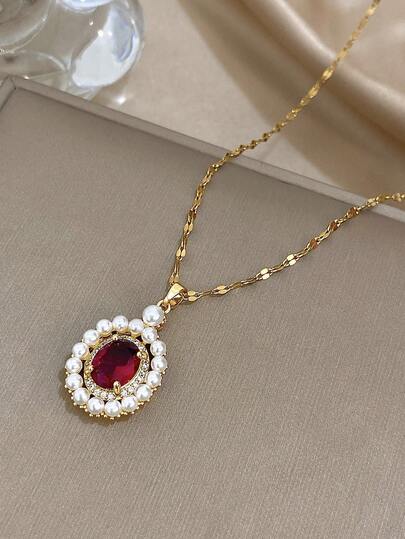 复古精致项链，珍珠红锆石吊坠，适合女士佩戴，是情人节、婚礼、母亲节、毕业典礼、日常佩戴、节日和假期的理想礼物。