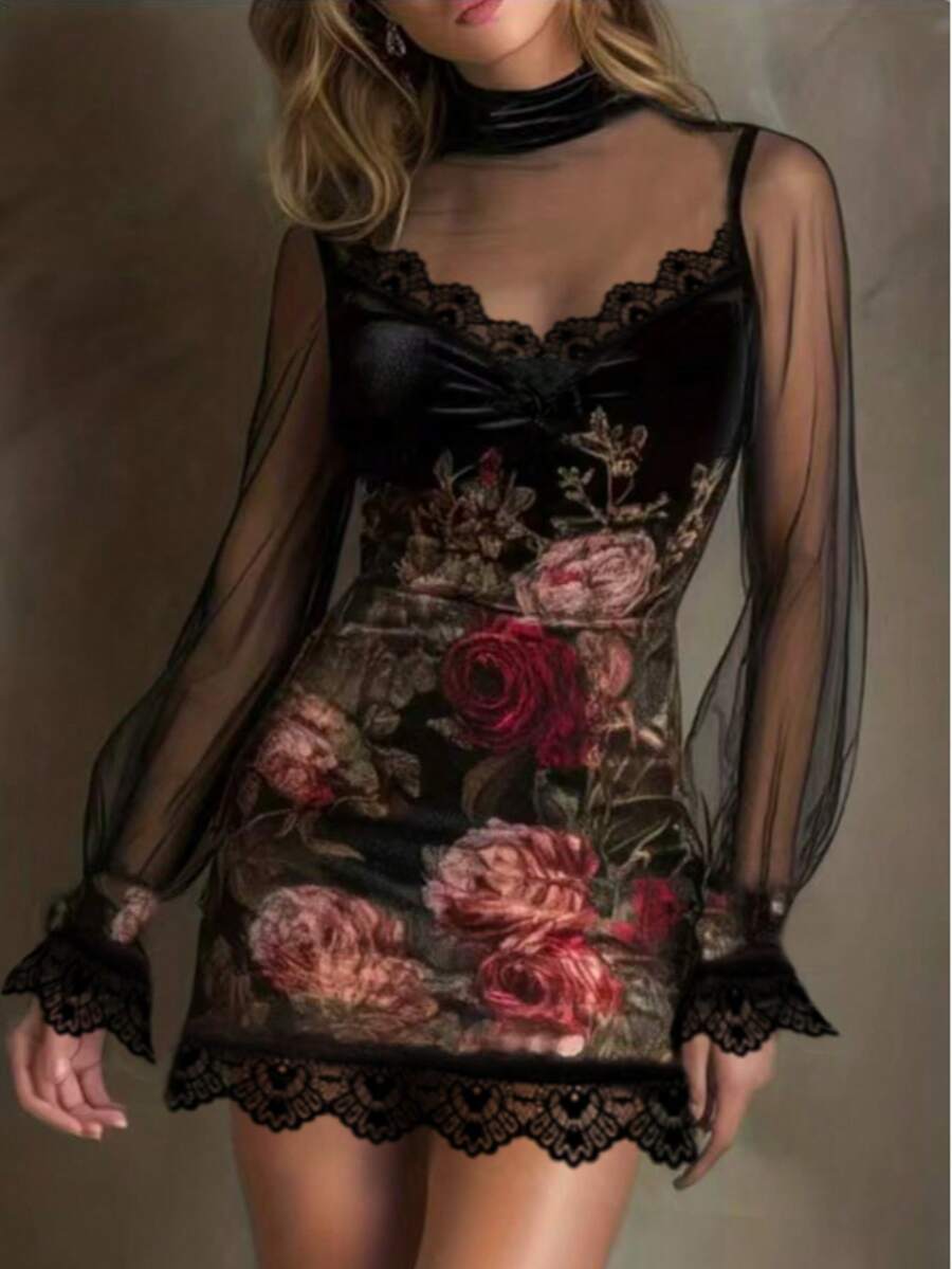 Đầm nữ màu đen thanh lịch, phối ren, lưới, kiểu dáng gợi cảm, thích hợp cho kỳ nghỉ. - màu đen - Xem 1