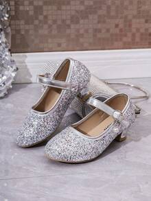 1 Pair Silver Girls' Dance Shoes, Shiny PU Sequin Soft Fabric, Magic Hook & Loop Anti-Slip Design, Round Toe, Durable Thick Heel, Fashionable Cute Princess Shoes, Suitable For Girls' Daily Wear, Party, Performance, Outdoor, 2026 Spring/Summer New Style - Silver - View 3