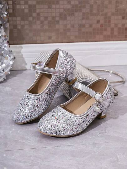 1 Pair Silver Glitter PU Ballet Shoes For Toddler Girls, Soft Material, Hook And Loop Strap, Round Toe, Non-Slip Chunky Heel, Fashionable & Cute Princess Shoes, Suitable For 3-12 Years Old Girls, Daily Wear, Party, Performance, Spring/Summer 2026 New Arrival