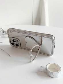 奢华水钻心形化妆镜手机壳，兼容 17 Pro Max/16 Pro/15/14/13/12/11/XR/XS Max/7 Plus/8 Plus/SE 系列，S26 Ultra/S26+/S26/S25 Ultra/S24 Ultra/S23 Ultra 系列，简约防震保护套 - 銀色 - 查看 8