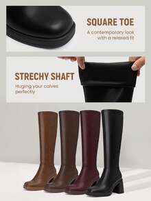 Athlefit Women's Stretch Knee High Boots - Platform Chunky Heel Square Toe Side Zip - 黑色 - 查看 9