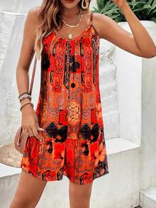 Women's Sleeveless All-Over Print Jumpsuit, Suitable For Summer Vacation - Orange - View 1