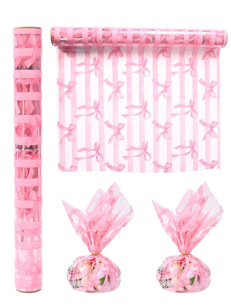 1pc Pink Bow Transparent Wrapping Paper, Pink Striped Gift Bags, Birthday Party Gift Wrapping Paper, Wedding Gift Wrapping Supplies, Bridal Shower Decoration Gift Wrapping Bags, Birthday Decorations, DIY Bouquets Wrapping Paper, Babe Shower Decoration Gift Baskets, DIY Crafts, Pink Bow Decorations, Birthday Gifts, Bow Party Bags, G Irlfriend Favors, Party Favors - Striped Bow - View 9