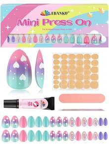 32 piezas de uñas postizas para niños EBANKU, set de uñas falsas de tamaño completo en forma de almendra, uñas postizas cortas completas, adecuadas para mujeres en manualidades de uñas - Multicolor - Ver 1