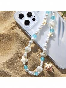 Fashionable Ocean-Themed Shell Braided Phone Lanyard, Beach Series Starfish & Turtle Beaded Phone/Camera Charm - Blue - View 4