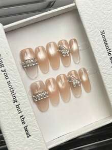 10 piezas de pegatinas de arte de uñas acrílicas hechas a mano en forma ovalada, tamaño mediano, uñas rosas minimalistas, efecto de ojo de gato brillante, anillo de diamante mini incrustado, perla animal, pegatinas de uñas de lujo elegantes hechas a mano para el otoño, estética linda, uñas postizas multifuncionales DIY, adecuadas para fiestas, uso diario, citas, playa, vacaciones tropicales, gran regalo para mujeres y niñas - Rosa - Ver 1