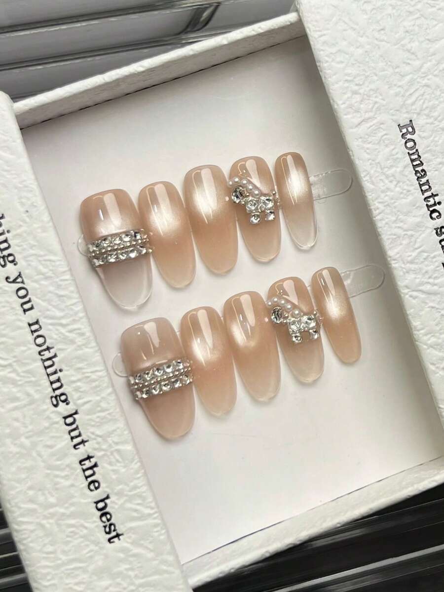 10 piezas de pegatinas de arte de uñas acrílicas hechas a mano en forma ovalada, tamaño mediano, uñas rosas minimalistas, efecto de ojo de gato brillante, anillo de diamante mini incrustado, perla animal, pegatinas de uñas de lujo elegantes hechas a mano para el otoño, estética linda, uñas postizas multifuncionales DIY, adecuadas para fiestas, uso diario, citas, playa, vacaciones tropicales, gran regalo para mujeres y niñas - Rosa - Ver 1