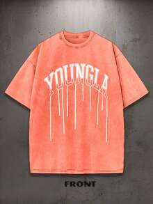 Men's Retro Washed T-Shirt | YLA Dripping Skull Design | A Perfect Gift For Men Or Boyfriends | 100% Cotton | 230g Thick Fabric | Unisex - 亮橙色 - 查看 3