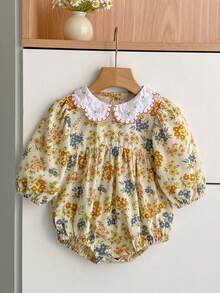 Infant French Vintage Floral Peter Pan Collar Romper, Spring/Autumn Baby Bodysuit, Crawler Suit, Children's Clothing - Mustard Yellow - View 4