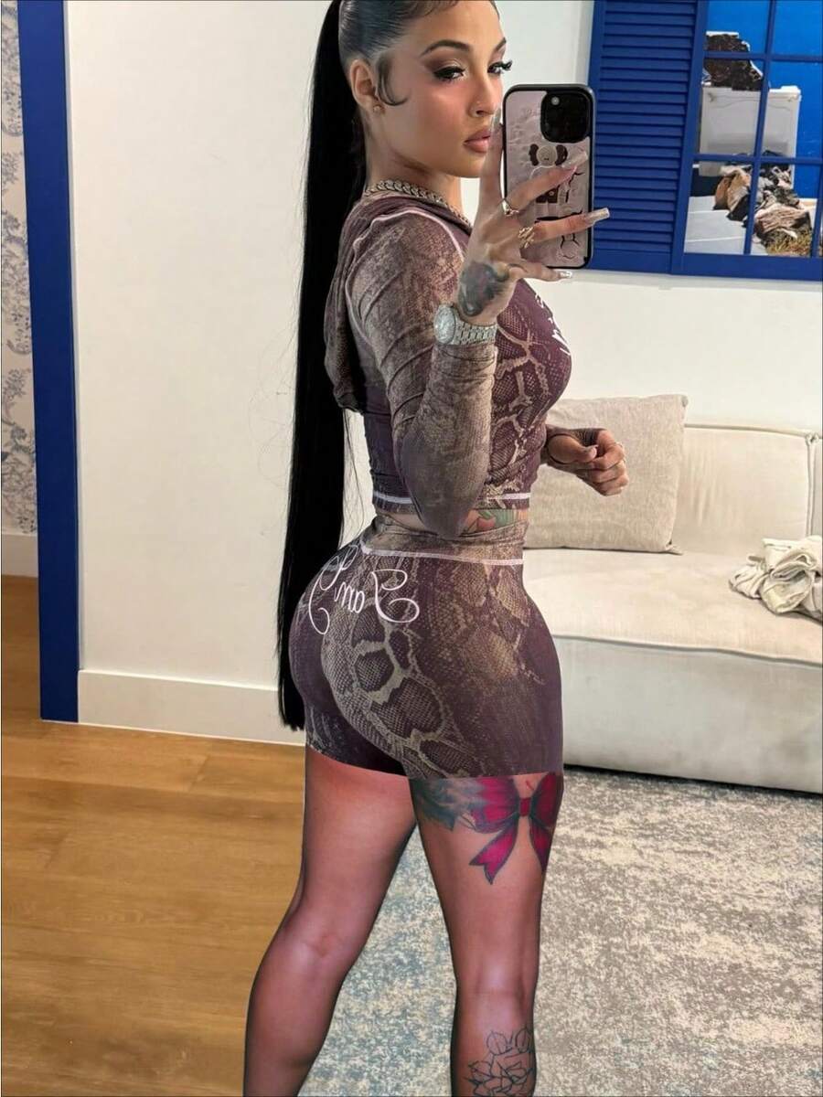 Personalized Fashion Snake Print, Polka Dot, Leopard Print Long-Sleeved Shorts Sexy Suit - Snakeskin - View 1