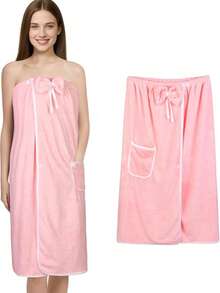 1件装浴袍，女士浴袍，可调节扣合，含干发毛巾和SPA浴巾 - 粉色 - 查看 2