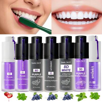 Diseño exclusivo Pasta de dientes 5D morada y pasta de dientes blanqueadora 8D, limpieza profunda, aliento fresco, blanqueamiento de dientes, uso diario de 30ml, cuidado oral, pasta de dientes morada de múltiples sabores (fresa, uva, menta)