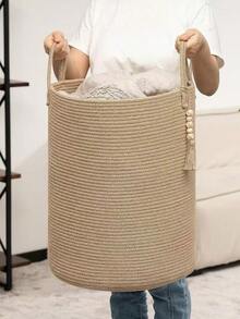 1pc Large Foldable Laundry Basket With Handle, Storage Basket, Bead Pendant Decoration Storage Basket, Hand Woven Storage Basket, Suitable For Living Room, Bedroom, Home, Clothing Storage, Toy Storage, Pillow Storage, Blanket Storage, Gift Storage, Christmas, Birthday Party, Gift Storage - Multicolor - View 11