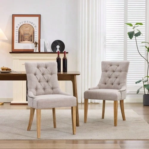 Fabric Dining Chair With KD Legs And Decorative Studs – Upholstered Chair, Assemble-It-Yourself, Modern Design, Set Of 2 - Beige - View 1
