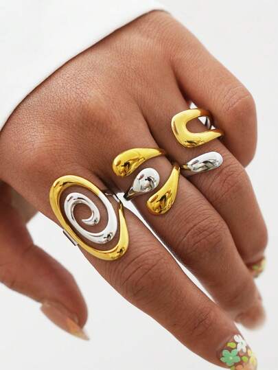 Frminee 3 piezas/1 pieza Anillo ajustable de acero inoxidable con diseño geométrico en espiral, estilo de empaque trenzado, anillo abierto exagerado ajustable para el pulgar, joyería de moda, regalo para esposa, novia, Navidad, Día de San Valentín