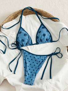 PEPPERMOLLY Summer Refreshing Blue & White Polka Dot Bikini, Spaghetti Strap Tie Triangle Cup Swimsuit, Slim Fit Whitening Girly Style Swimwear Suitable For Swimming Pool And Beach Vacation - Blue - View 4