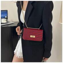Faux Leather Solid Color Crocodile Embossed Fashion Mini Chain Crossbody Bag - Burgundy - View 8