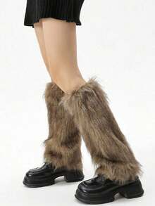 1 Pair Solid Color Fuzzy Ankle Gaiters Leg Warmers For Women, Suitable For Autumn And Winter PNVJ - 頭髮長度 15-40 厘米 - 查看 4