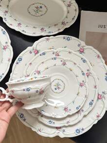 1 Juego de taza y platillo de cerámica con relieve floral estilo retro francés, plato con borde floral colorido y romántico, plato de postre para el té de la tarde, vajilla occidental, adecuado para reuniones en el jardín y charlas de té - Multicolor - Ver 8
