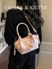 CHAIKA & KILTER 1 Stück einfarbige PU-Leder Umhängetasche, Damen Lässig Mode Beuteltasche mit plissiertem Design, verstellbarer Taillengurt, doppelte Griffe, Magnetverschluss, geeignet für Reisen, Einkaufen, Dates, Geschenke für Frauen, passend für Teenager, Studenten und Bürodamen, ideal für Büro, Schule, Arbeit, Pendeln, Outdoor, Reisen, Picknick (mit Anhänger verkauft) - Pink - Übersicht 10