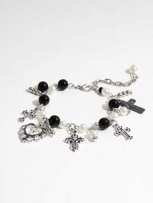 1件复古镂空蕾丝心形十字架手链，手工仿珍珠十字架手链，女士款 - 銀色 - 查看 4