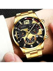 4pcs Fashion Business Men's Watch Set, Large Dial Round Gold Steel Strip Quartz Watch, Jewelry Set, Personalized Chain Bracelet, Cross Pendant Necklace, Ring, Suitable For Daily Wear, Suitable For Festivals, Business Commuting, Men's Gift - Gold - View 2