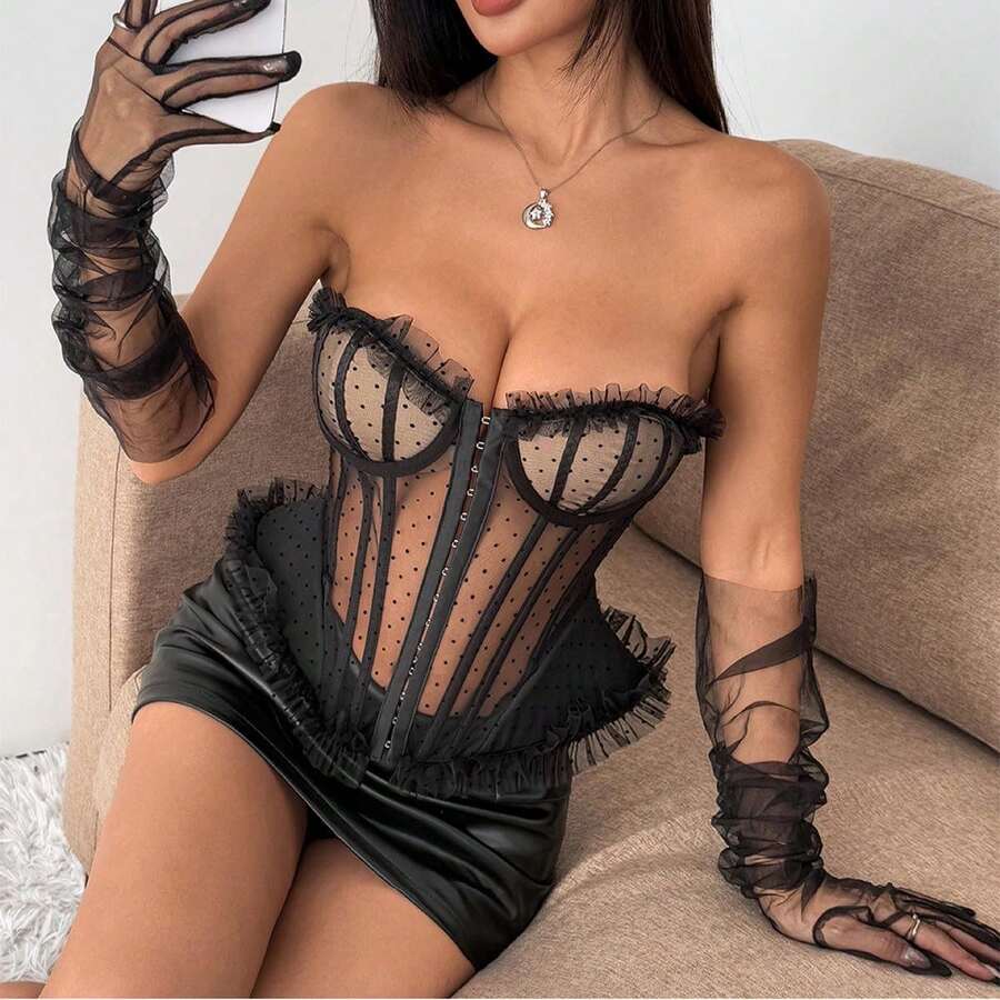 Polka Dot Lace Corset Top Front Button Tie Straps Underwire Padded Multi Color Bustier For Daily Party Layering Outfits - 黑色(無袖) - View 1