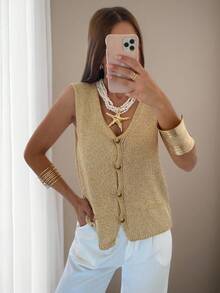 Women's Cute Casual Shiny Button Knitted Sweater Vest Top, Fashion Pullover For Summer & Autumn - Gold - View 2