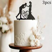 1 pièce/3 pièces Figurine de marié et mariée en acrylique noir, décoration pour gâteau de mariage, fiançailles, anniversaire - Multicolore - Voir 9