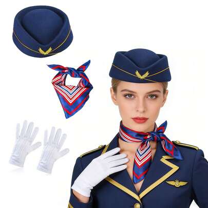 飞行员、空乘人员、机组人员帽子、围巾、手套服装配饰套装，适合角色扮演、化装舞会、Cosplay、节日派对、万圣节、狂欢节