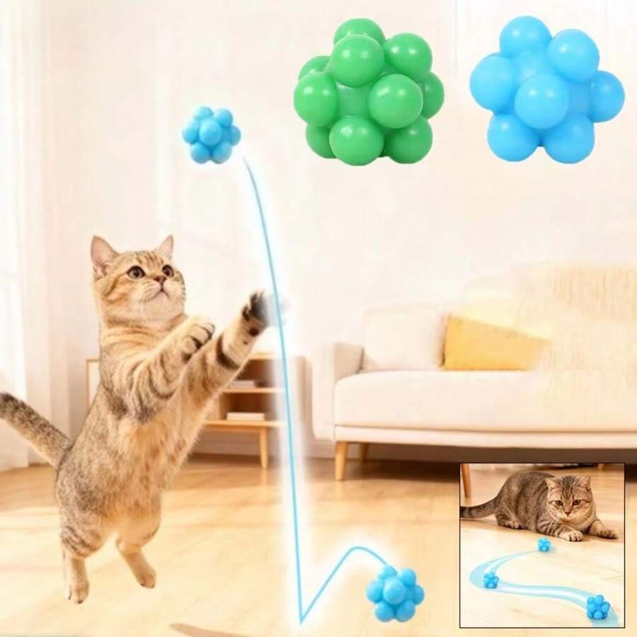 2pcs Elastic High Cat Toy Balls, Interactive Chew Toys, Dental Cleaning Training, Suitable Cat Supplies - Multicolor - View 1
