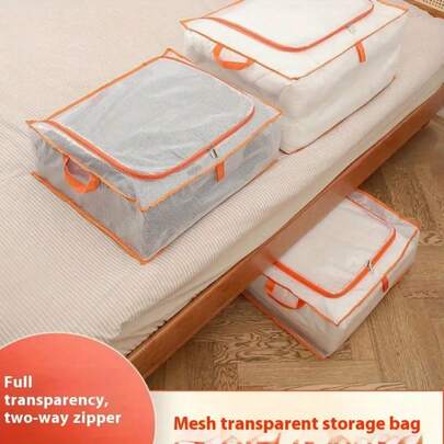 Heavy Duty Waterproof Plastic Storage Bag, Double Zipper Closure, Transparent Mesh With White/Orange Label Pouch, Mildew Resistant, Foldable Multi-Purpose Organizer Bag, Suitable For Bedding, Clothes, Seasonal Storage (Comforter, Clothes, Under Bed)
