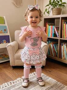 Infant Baby Girl Summer Outfit Elephant Print Short Sleeve Ribbed Romper Ruffle Shorts Bow Headband And Stockings 4 Piece Clothes Set - Pink - View 7