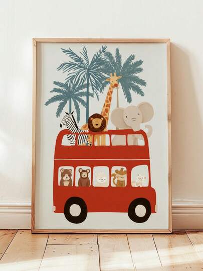 1pc, Canvas Wall Art, Framed Children's Room Wall Art, Animal Bus Wall Art, Wildlife Zoo Theme Children's Room Decor, Jungle Children's Room Decorative Painting, Red London Bus Art Print, Playroom Poster, Nursery Wall Art, Nursery Decorative Poster, Kindergarten Decor