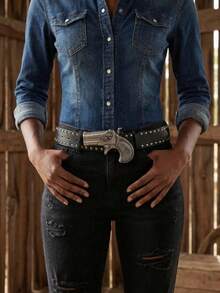 1 chiếc thắt lưng quần jeans nam màu đen kiểu punk Y2K với khóa hình súng, phụ kiện đa năng phù hợp cho mặc hàng ngày. - màu đen - Xem 3