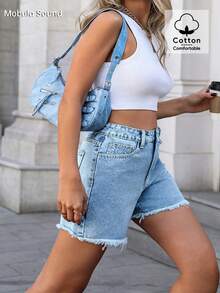 大码女装春夏休闲时尚牛仔百搭日常穿搭毛边直筒牛仔短裤 - 中藍 - 查看 4