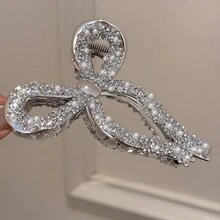 1 chiếc kẹp tóc thời trang nữ thanh lịch đính ngọc trai giả và đá pha lê, phụ kiện tóc pha lê lấp lánh đa năng, kẹp tóc hình càng cá mập lớn phong cách Bohemian, phù hợp sử dụng hàng ngày, đi biển, du lịch mùa hè và các trang phục khác. - Bạc - Xem 10