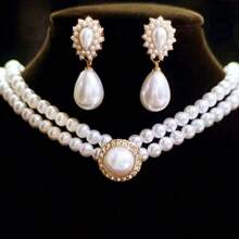 1条项链和1对耳环套装，椭圆形复古优雅奢华仿珍珠双层项链首饰套装，适合婚礼和度假佩戴 - 彩色 - 查看 9