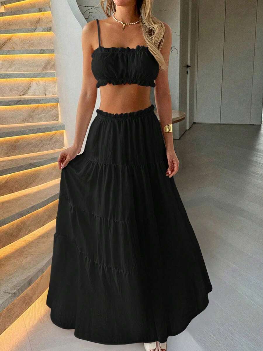 Vellofy Fashion 女款黑色荷葉邊細肩帶層次感長洋裝兩件套