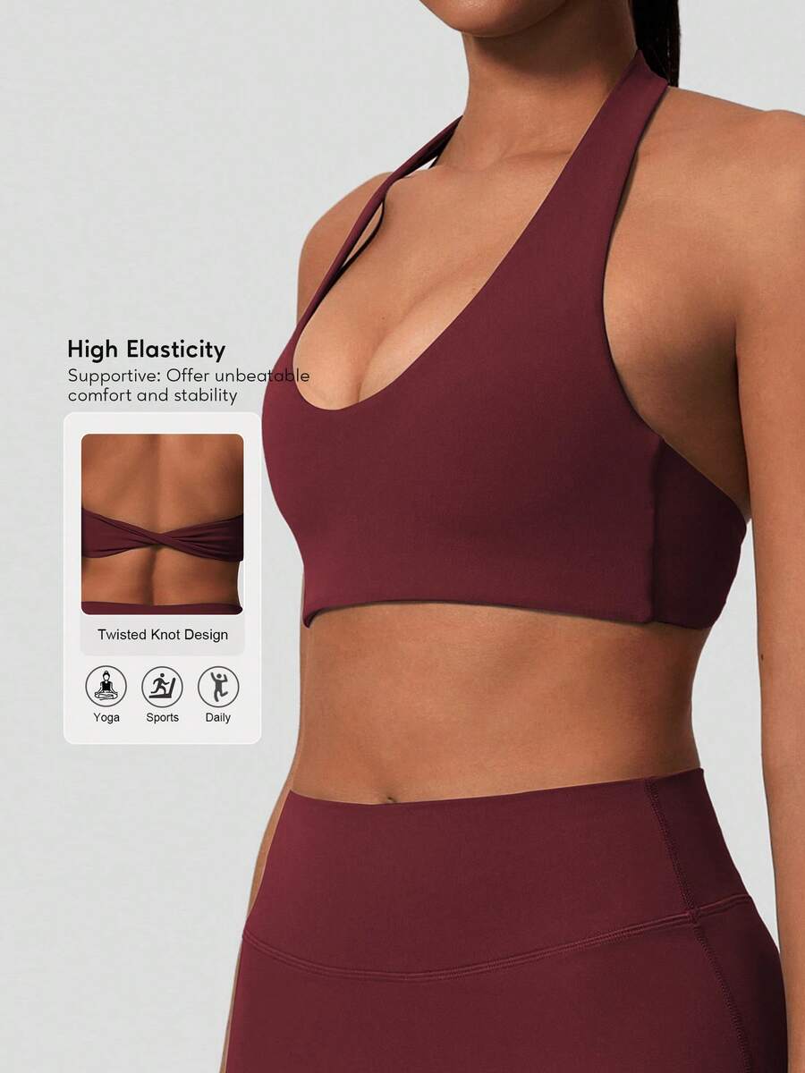 Sodalemon Sutiã esportivo feminino de cor sólida, modelo nadador com torção nas costas, ideal para ioga, fitness e atividades físicas. Elástico para treino, corrida e academia. - Vermelho - Ver 1