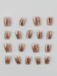 30pcs Elegant Ink Painting Style Leaves & Design False Nails Coffin Shape Nail Tips Women And Girls Press On Nails Nail Supplies - 棕色 - 查看 5